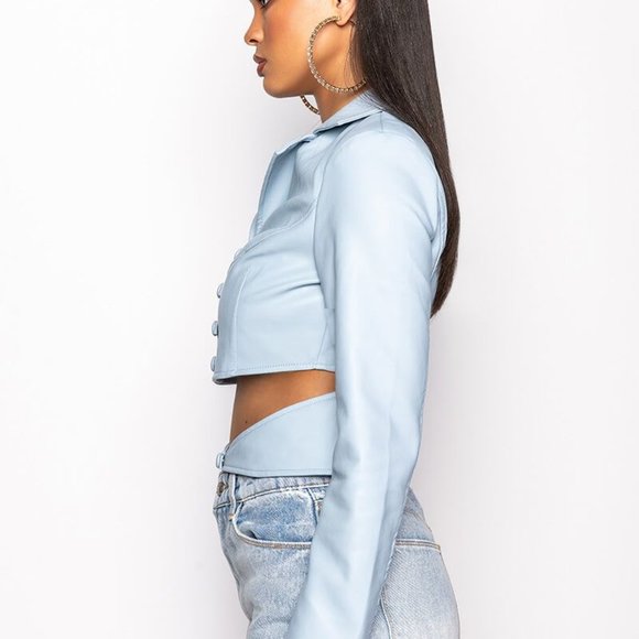 Callie on Clout: Powder Blue Cut Out Button Up Vegan Leather Blazer - Picture 7 of 10
